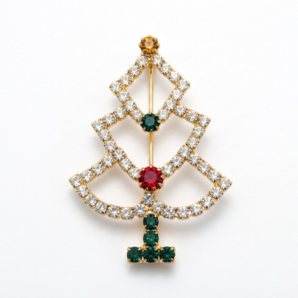 Clear Rhinestone Outline Red Green Goldtone Christmas Tree Holiday Brooch EUC
